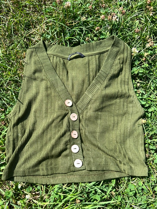 Tops - Olive Green Ribbed Henley Tank Top Button Front Sleeveless Knit Size M/L